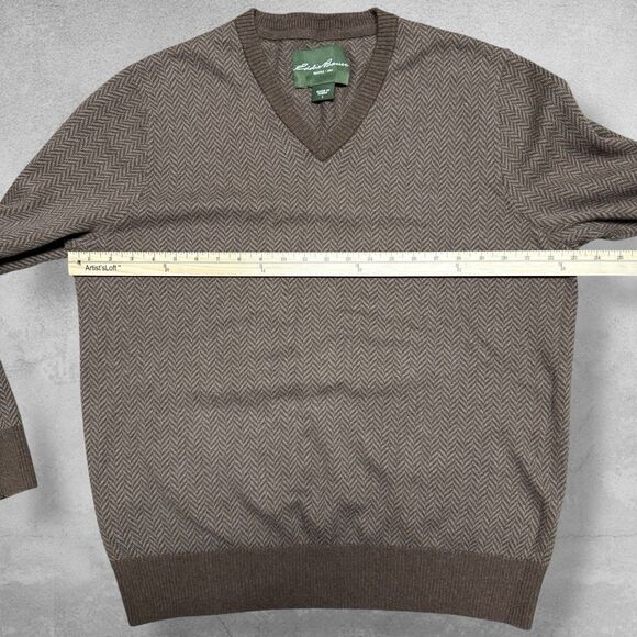 Eddie Bauer Sweater Men’s L Brown Herringbone Cotton Cashmere V Neck Pullover - Picture 3 of 7